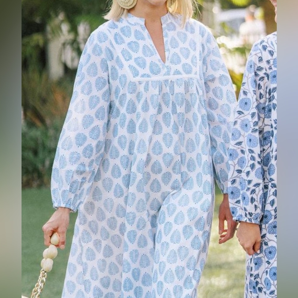 Victoria Dunn block print blue and white dress